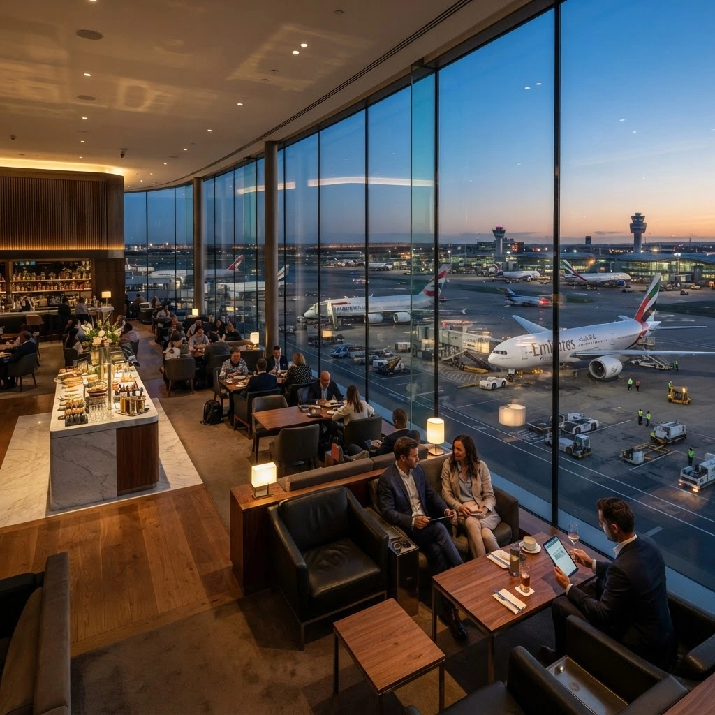 Airline lounge with panoramic airport views